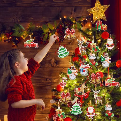 Miniatura 2 de Ferraycle 12 piezas de adornos de Navidad de arte de diamantes de Navidad, adornos de pintura de diamantes 5D, kits de llaveros de pintura colgante
