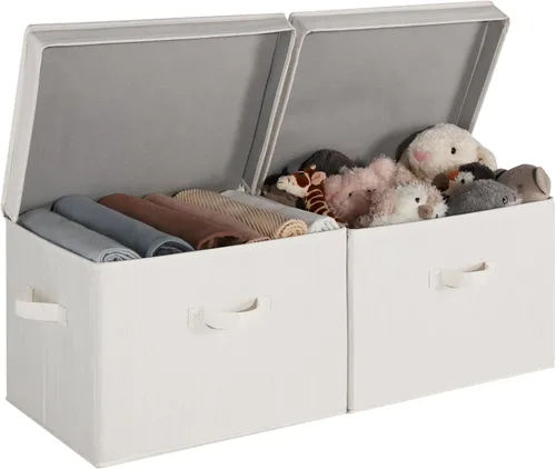 Miniatura 13 de StorageWorks Contenedores de almacenamiento de tela con tapa, cajas de almacenamiento decorativas para estantes, cesta organizadora de armario Beige