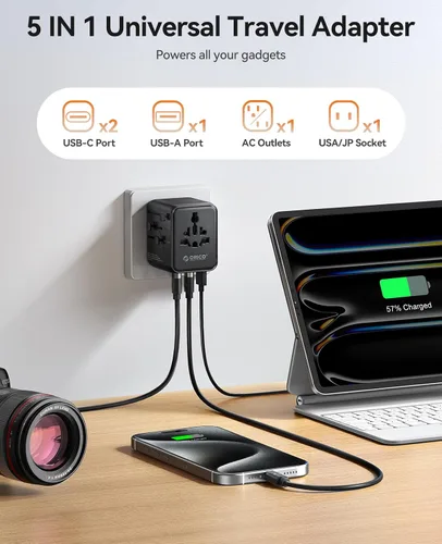 Miniatura 4 de ORICO Adaptador de viaje universal con 2 CA 2 USB-C y 1 conector USB-A, adaptador de corriente internacional PD 20W, cargador de pared esencial