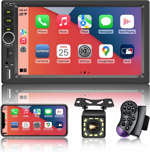 Estéreo de coche de 7'' de doble DIN incorporado con Apple Carplay, Bluetooth 5.1 con llamadas manos libres, radio de coche con pantalla táctil FM,