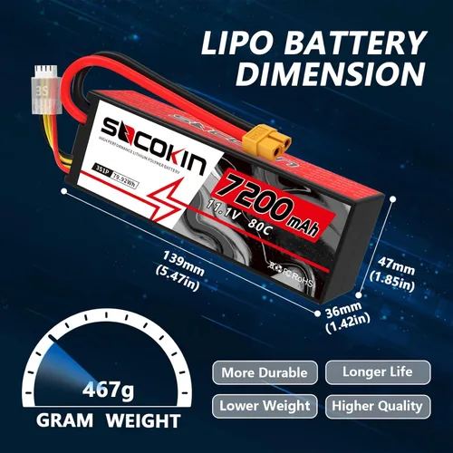 Miniatura 5 de 3S 11.1V Lipo Batería 7200mAh 80C Lipo Batería con estuche rígido XT60 Plug para RC Racing Truck Boat Car Racing RC Heli Airplane y Slash 1/10