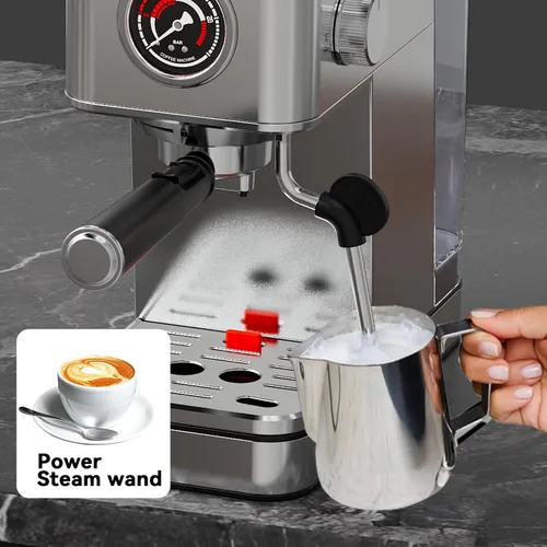 Miniatura 6 de EM623 Máquina de café expreso de 20 Bar con espumador de leche de vapor, máquina de café de acero inoxidable con tanque de agua extraíble