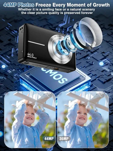 Miniatura 2 de Cámara digital, FHD 1080P para niños, cámara digital de 44 MP para apuntar y disparar con tarjeta de 32 GB, zoom de 16X, antivibración, sello