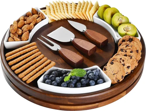 Miniatura 11 de Shanik Juego Mejorado de Tabla Giratoria Lazy Susan para Cortar Queso - Tabla Redonda de Acacia para Charcutería con 4 Tazones de Cerámica - Regalos