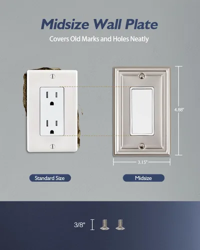 Miniatura 5 de Paquete de 2 placas decorativas de pared, placa de cubierta de toma de corriente eléctrica de níquel satinado para receptáculo, interruptor