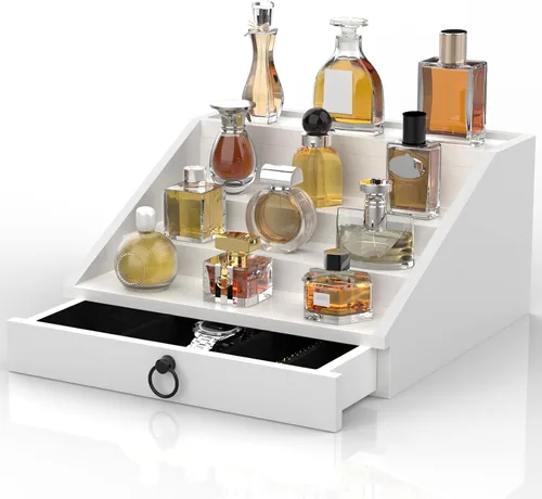 upcessory Organizador de Colonia de Madera para Hombres Estante Mejorado de Colonia de 4 Niveles Organizador de Perfumes con Cajón Forrado de