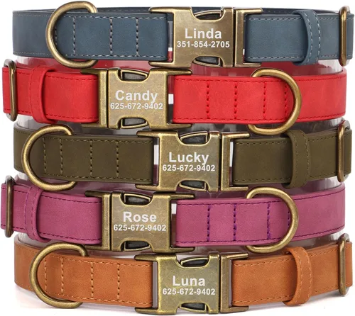 Miniatura 10 de Collares de perro personalizados para perros grandes, collar de perro de cuero PU suave personalizado con nombre y número de ID grabados, collares