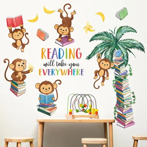 Miniatura 6 de Mfault Calcomanías de pared de libro de lectura de mono, la lectura te llevará a todas partes, decoración de aula de guardería, arte de dormitorio