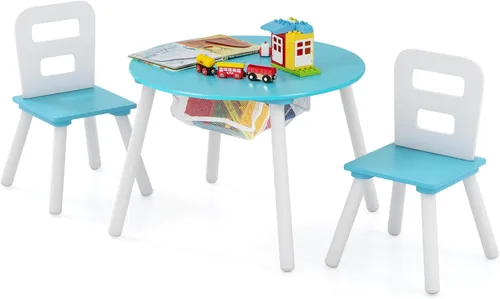 Costzon Juego de mesa y silla para niños, mesa de actividades de madera con almacenamiento de malla central, muebles para niños y niñas, ideal para