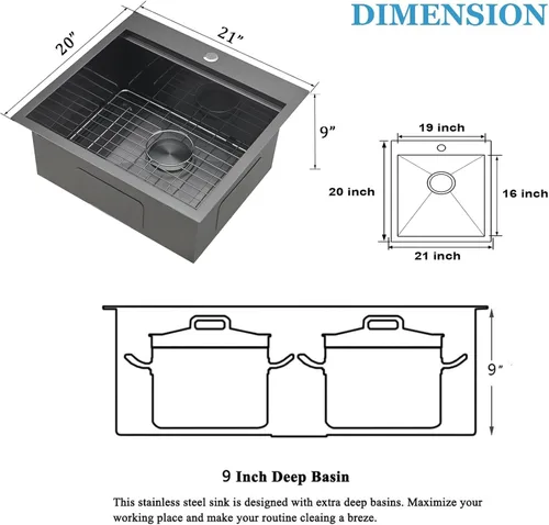 Miniatura 4 de Estación de trabajo de fregadero de cocina negro de 21x20 pulgadas - VAPSINT Fregadero de barra de 21 pulgadas de montaje superior en color negro