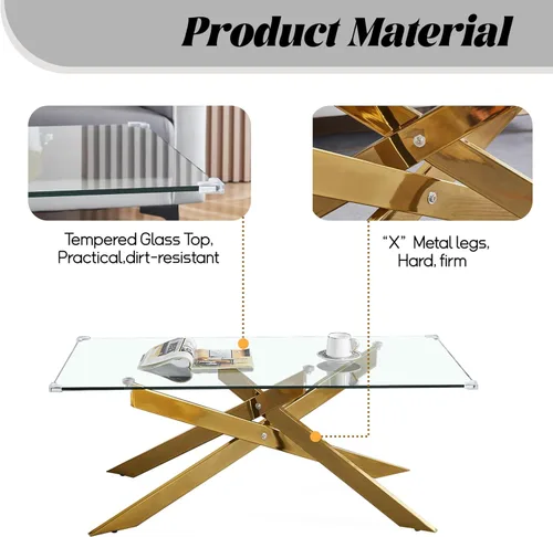 Miniatura 6 de Mesa de centro de cristal de 47 pulgadas, moderna tapa rectangular de vidrio templado con patas de metal con cruz dorada, mesa central de espacio