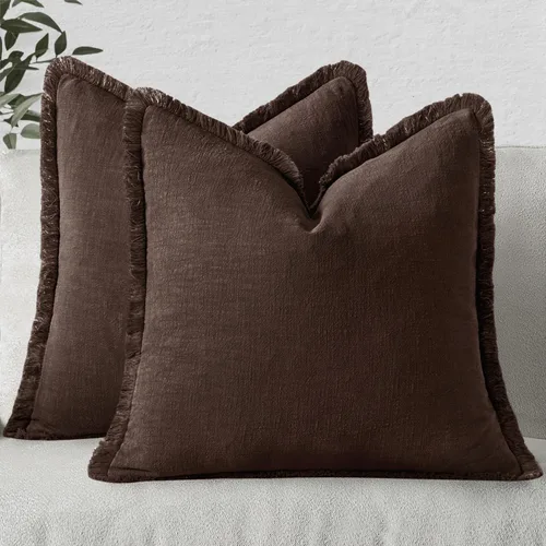 Miniatura 9 de MIULEE Juego de 2 fundas de almohada decorativas de lino neutro con flecos, fundas de cojín de estilo bohemio con borlas para sofá, cama, sala