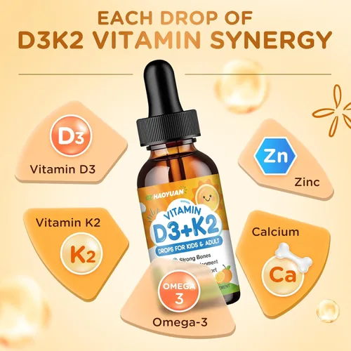 Miniatura 3 de Gotas de vitamina D3 K2 para niños, suplemento líquido con calcio, Omega 3, zinc, vitamina D3 K2 para absorción de calcio huesos saludables