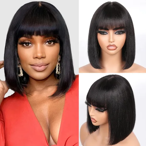Miniatura 21 de Straight Human Hair Wigs with Bangs 180% Density 2x4 Lace Front Wigs with Bangs Closure Wear and Go Glueless Wigs 100% Brazilian Virgin Human Hair