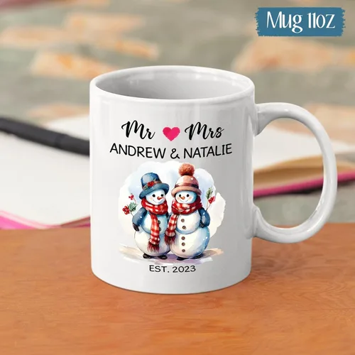 Miniatura 5 de Regalo personalizado de amor – Bonita taza de cerámica de muñeco de nieve para pareja – Taza de porcelana personalizada con nombres y año – Taza