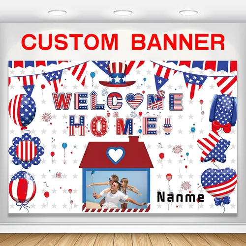 Miniatura 15 de Pancarta personalizada de bienvenida a casa, señal de bienvenida a casa en negro y oro para decoración exterior, suministros de fiesta de regreso