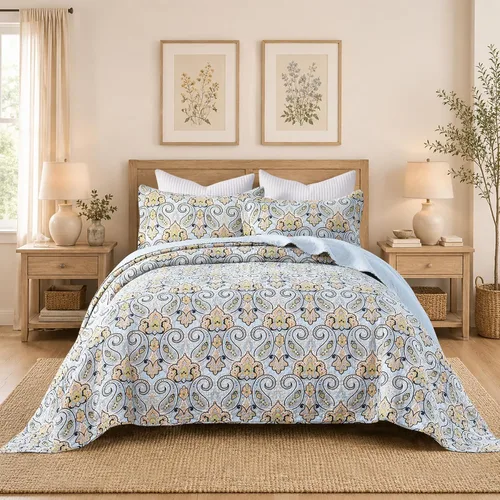 Miniatura 11 de Juego de edredón Queen 100% algodón – Colcha floral de damasco azul, juego de ropa de cama reversible de estilo europeo clásico de 3 piezas, ligero