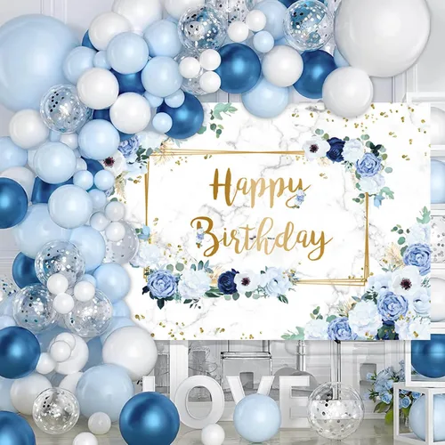 Miniatura 5 de MEHOFOND Telón de fondo de feliz cumpleaños de 7 x 5 pies, flores azules y blancas, fondo de fotografía de cumpleaños para niñas, puntos geométricos