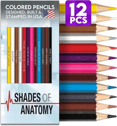 Juego de lápices de colores inspirados en Grey's Anatomy para adultos, 12 lápices de dibujo con nombres estampados de aluminio, regalos de anatomía