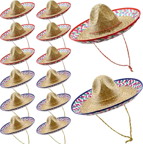 Miniatura 7 de Mumufy 12 sombreros para adultos, hombres y mujeres, con sombrero de paja para barbilla, fiesta de disfraces mexicanos (color clásico)