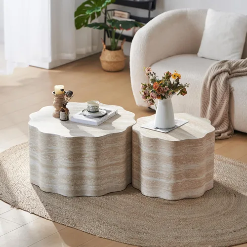 Miniatura 35 de Moderna mesa auxiliar anidable, mesa auxiliar redonda de madera, juego de 2 para espacios pequeños, sala de estar, color negro