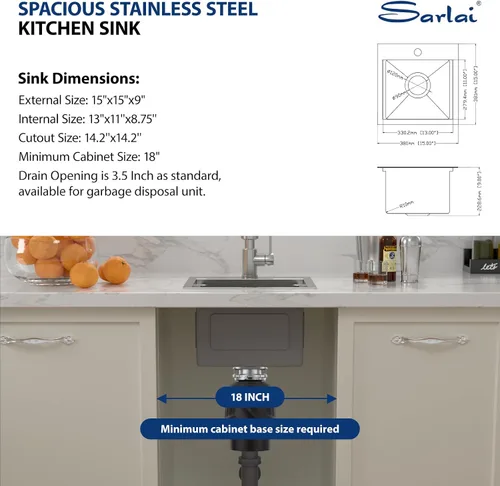 Miniatura 7 de Sarlai 15 Fregadero de Barra de 15x15 Pulgadas para Cocina, Fregadero de Barra de Acero Inoxidable de Calibre 16, Estación de Trabajo con Repisa