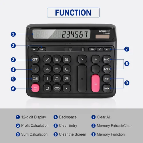 Miniatura 4 de Comix Calculadora de escritorio con pantalla LCD grande de 12 dígitos, batería solar de doble alimentación, calculadora básica con teclas grandes