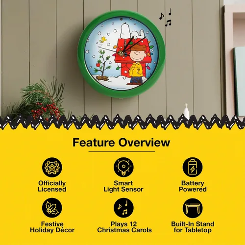 Miniatura 5 de Mark Feldstein, Reloj de sonido con villancicos navideños de Snoopy en diseño de casa de perro, verde, 20,3 cm