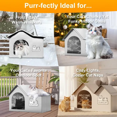 Miniatura 7 de Casa resistente para gatos con calefacción para invierno, casa para gatos al aire libre con aislamiento impermeable, con almohadilla térmica