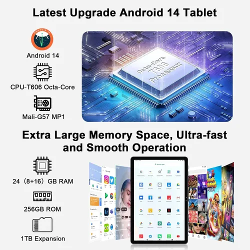 Miniatura 4 de Tableta 11 pulgadas Android 14 Tabletas, 24GB+256GB+1TB Expand, tableta Android con 8000mAh, Octa-Core, 13MP+5MP Cámara, Pantalla táctil IPS, WiFi
