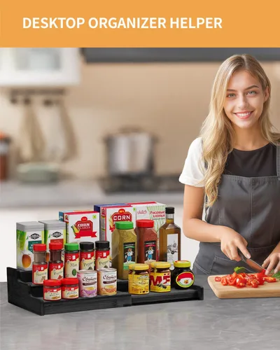 Miniatura 6 de VenDotbi Estante para especias, organizador de especias de bambú expandible de 3 niveles para gabinetes, cocina, despensa y armario, color negro