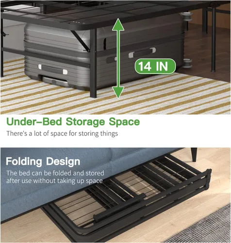 Miniatura 6 de Base de cama de plataforma metálica de 14 pulgadas con soporte de listones de acero, base de colchón con colchón de espuma viscoelástica de 8