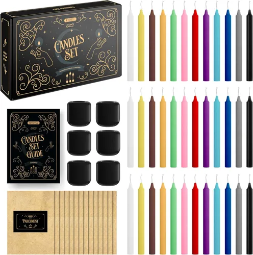 WYSPELL 36 velas de hechizo de colores | 5 x 1/2 pulgadas | Kit de velas cónicas para brujería y decoración | 6 portavelas de timbre | Suministros