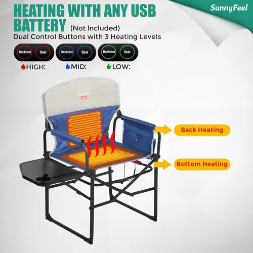Miniatura 5 de SUNNYFEEL Silla de camping para directores con calefacción, silla plegable de alta resistencia para exteriores, portátil, de gran tamaño, con Azul