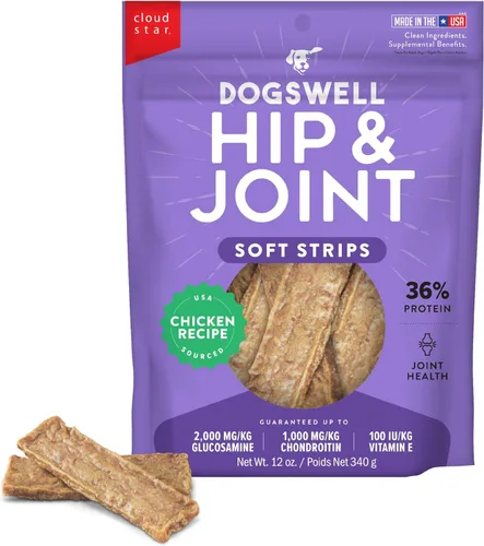 DOGSWELL Hip & Joint - Golosinas para perros 100% carnosas, sin granos, glucosamina condroitina y Omega 3, tiras suaves de pollo, 12 onzas