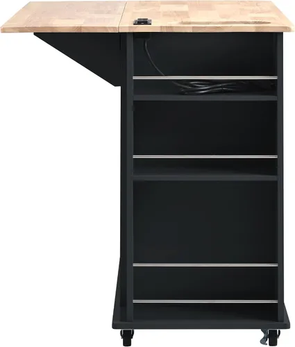 Miniatura 4 de YOPTO Isla de cocina con toma de corriente, hojas caídas y madera de goma, almacenamiento abierto y estante para vino, carrito de almacenamiento