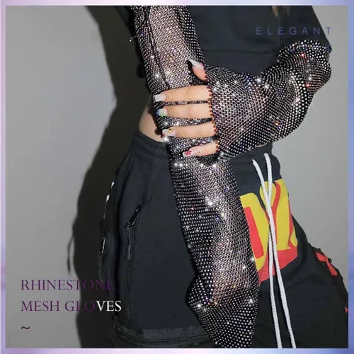 Miniatura 3 de Yikisdy Guantes sin dedos de diamantes de imitación guantes de red elásticos guantes de codo guantes de fiesta Rave brillantes para mujeres y niñas