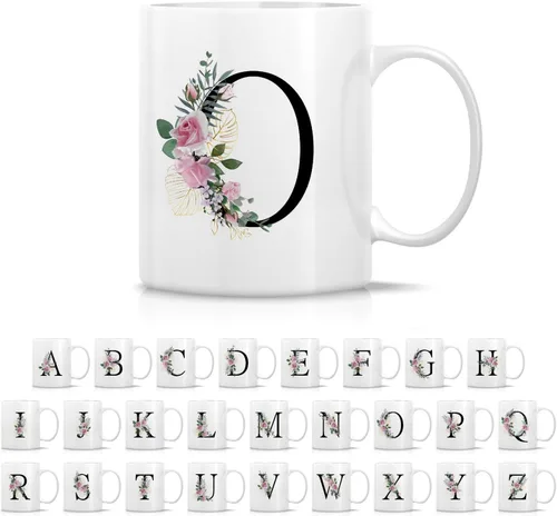 Miniatura 14 de Retreez Ramo botánico floral inicial A-Z con monograma, taza con monograma de cerámica de 11 onzas, regalo de agradecimiento de agradecimiento