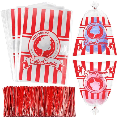 Geyee 500 bolsas de algodón de azúcar con lazos, bolsas grandes de algodón transparente con estampado de rayas, perfectas para carnavales, fiestas