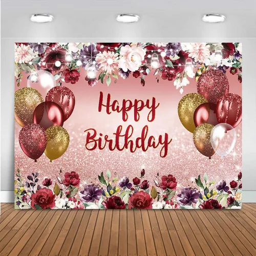 Mocsicka Telón de fondo floral de feliz cumpleaños, flores burdeos, oro rosa, fondo de fotos con purpurina, vinilo para niñas y mujeres, decoración