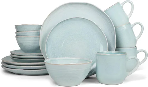 Elanze Designs Reactive Glaze Farmhouse - Juego de vajilla rústica de cerámica bohemia de cerámica de 16 piezas, servicio para 4, color azul hielo