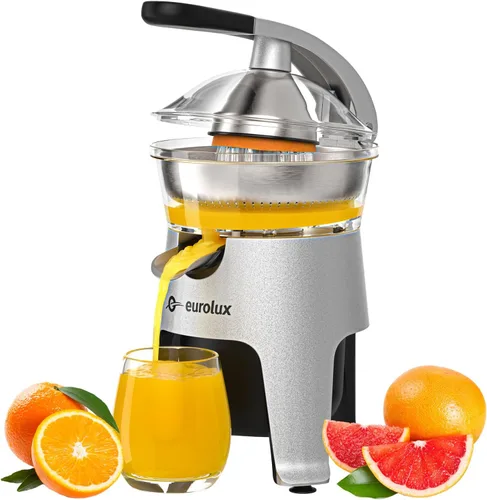 Eurolux Exprimidor eléctrico de cítricos de acero inoxidable fundido a presión, para naranja, limón, pomelo | 300 vatios de potencia, con 2 tamaños