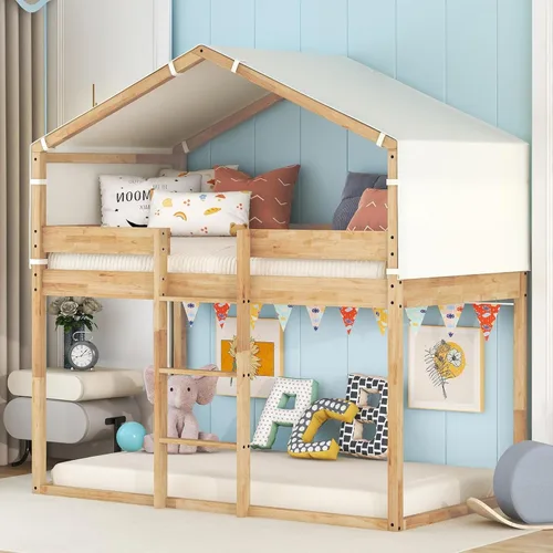 Miniatura 8 de P PURLOVE Litera individual sobre individual con tienda de campaña, litera de madera con diseño de techo, cama de casa de juegos para niños, niñas