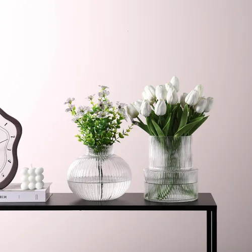 Miniatura 4 de Jarrones de vidrio acanalado, juego de 2 jarrones estriados para flores, jarrón de vidrio transparente para tulipanes, jarrón moderno para sala