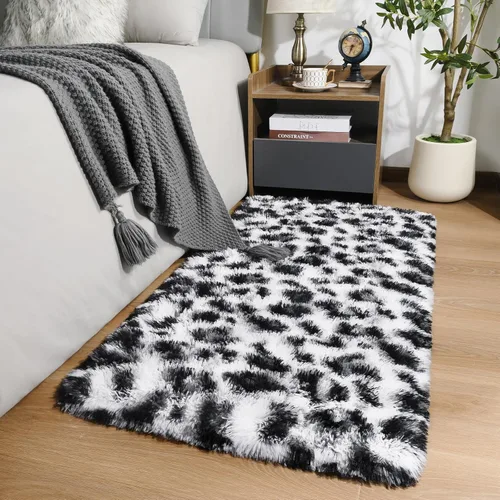 Amearea Soft Small Leopard Rugs for Bedroom, 2x4 Feet Fluffy Black and White Runner Rugs, Comfy Cheetah Print Throw Rug Faux Fur Animal Print Rug
