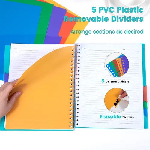 Miniatura 2 de CAGIE Cuadernos de espiral para trabajo escolar con pestañas divisorias extraíbles, cuaderno de 5 materias de 8.5 x 11 pulgadas, a rayas