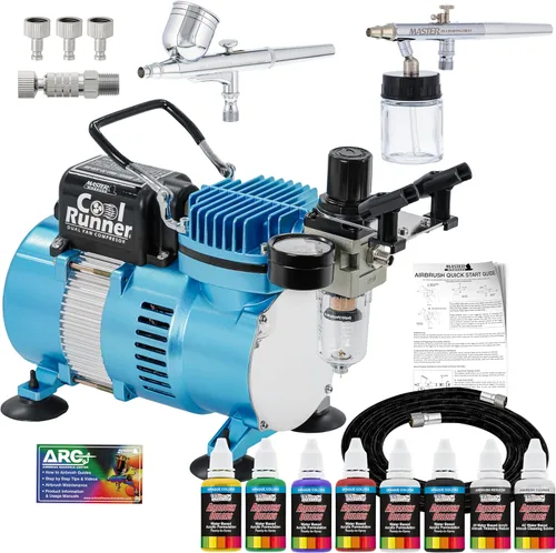 Master Airbrush Cool Runner II Kit de cepillo de aire con compresor de aire doble ventilador, juego de aerógrafo de alimentación por gravedad y