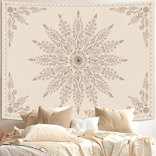 Miniatura 16 de Fowocu Tapiz bohemio con mandala floral para colgar en la pared, medallón de flores bohemias, tapiz estético, beige, naranja, hippie, indio, pequeño