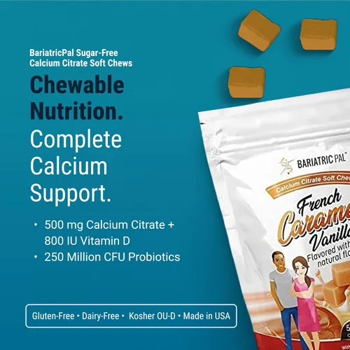 Miniatura 2 de BariatricPal Masticables suaves de citrato de calcio sin azúcar, 500 mg con probióticos (90 unidades) - vainilla de caramelo francés
