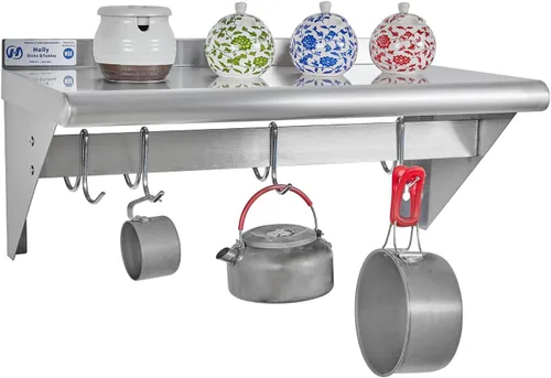 HALLY Estante de acero inoxidable con 4 ganchos 30,5 x 61 cm, estante para ollas montado en la pared, estantería flotante NSF comercial para Con